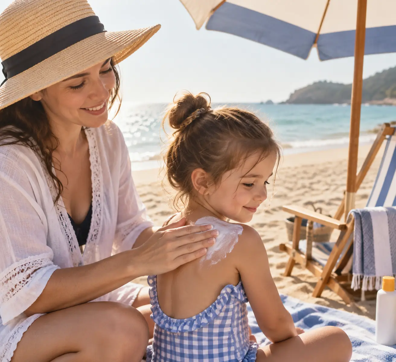 Родитель наносит солнцезащитный крем SPF 50 ребёнку в панаме на песчаном пляже у моря в утренние часы, рядом зонт и шезлонг