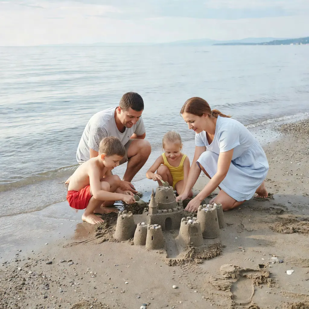 Семья с двумя детьми строит фигуры из мокрого песка у кромки Чёрного моря на пляже Адлера в сентябре, рядом виден пологий вход в воду и мелкая галька первой линии.